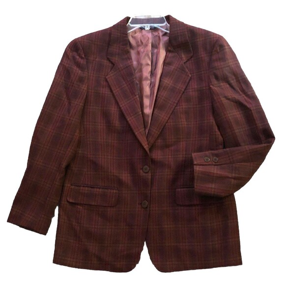 VTG Burberrys Scottish Lambswool Plaid Blazer Womens Sz 10 Burgundy 2 Button USA - Picture 7 of 15